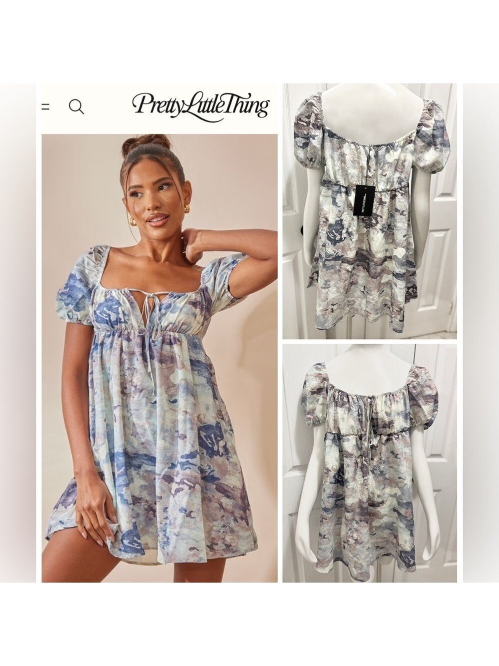 NWT PrettyLittleThing Grey Abstract Print Woven Ruched Bust Shift Dress Size 10